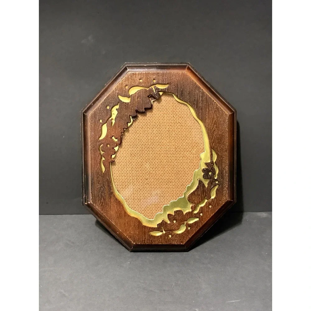 Vintage Octagonal Faux Wood Picture Frame Gold Floral Filigree 8x6.5